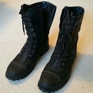 Black faux lace up boots with shiny embellishments